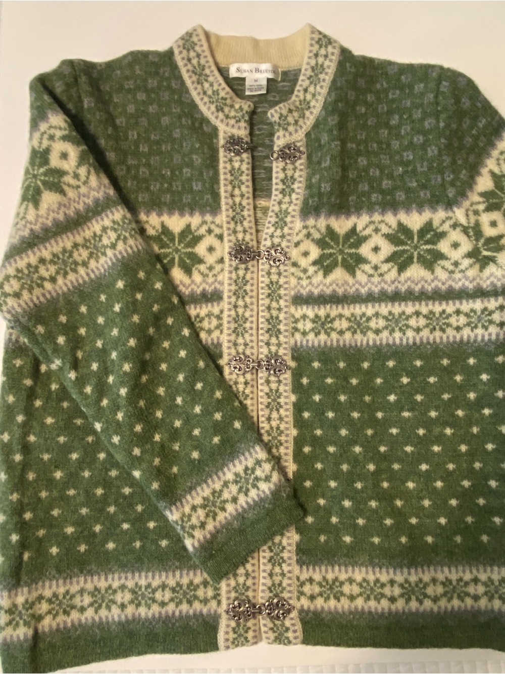 Susan Bristol Green and Cream Wool Cardigan - Picture 2 of 6